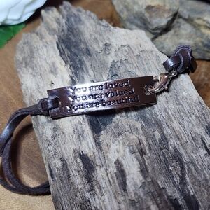 Inspirational Bracelet with Brown Leather Strap And Silver Toned Clasp